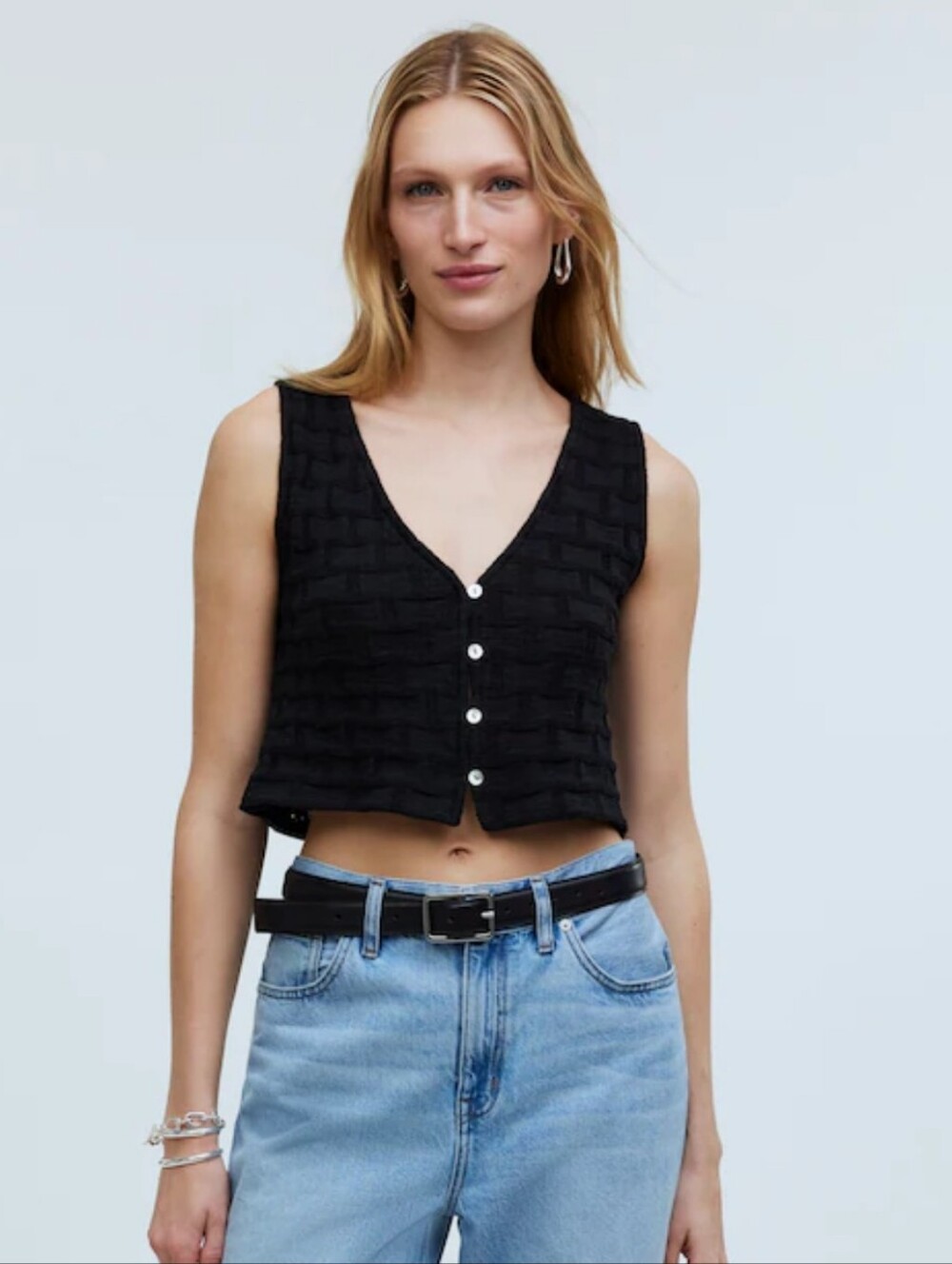 Madewell Textured Sleeveless Button-Front Crop Top in Charcoal Small